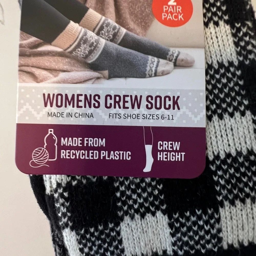 MUK LUKS Womens 2‎ Pack Crew Socks Buffalo Plaid Grey Cable Knit Shoe Size 6-11